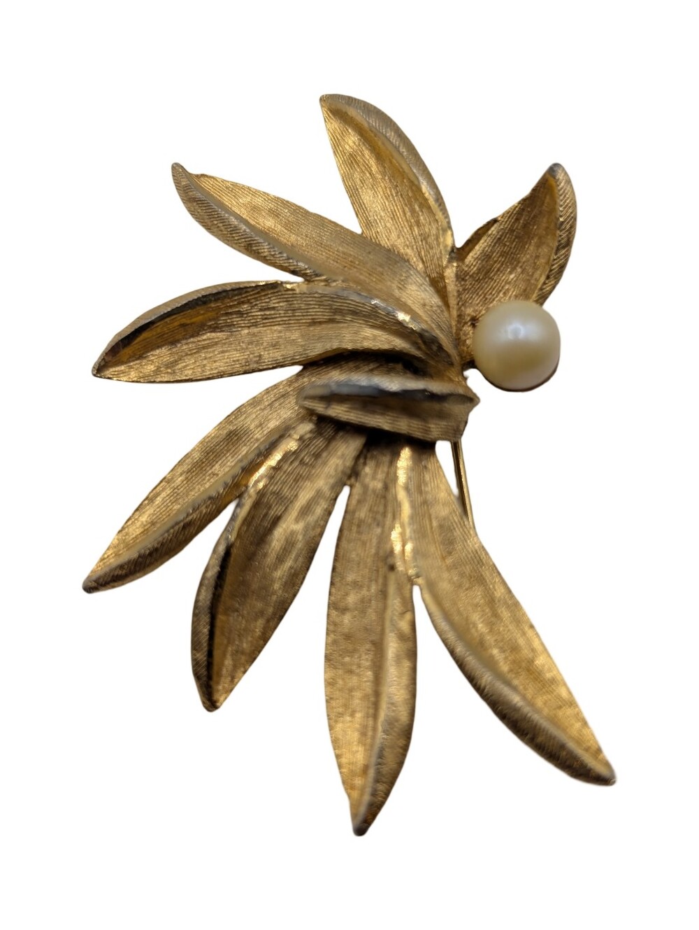Vintage BSK Gold-tone Signed Brooch Pin Faux Pearl Accent MCM Costume Jewelry